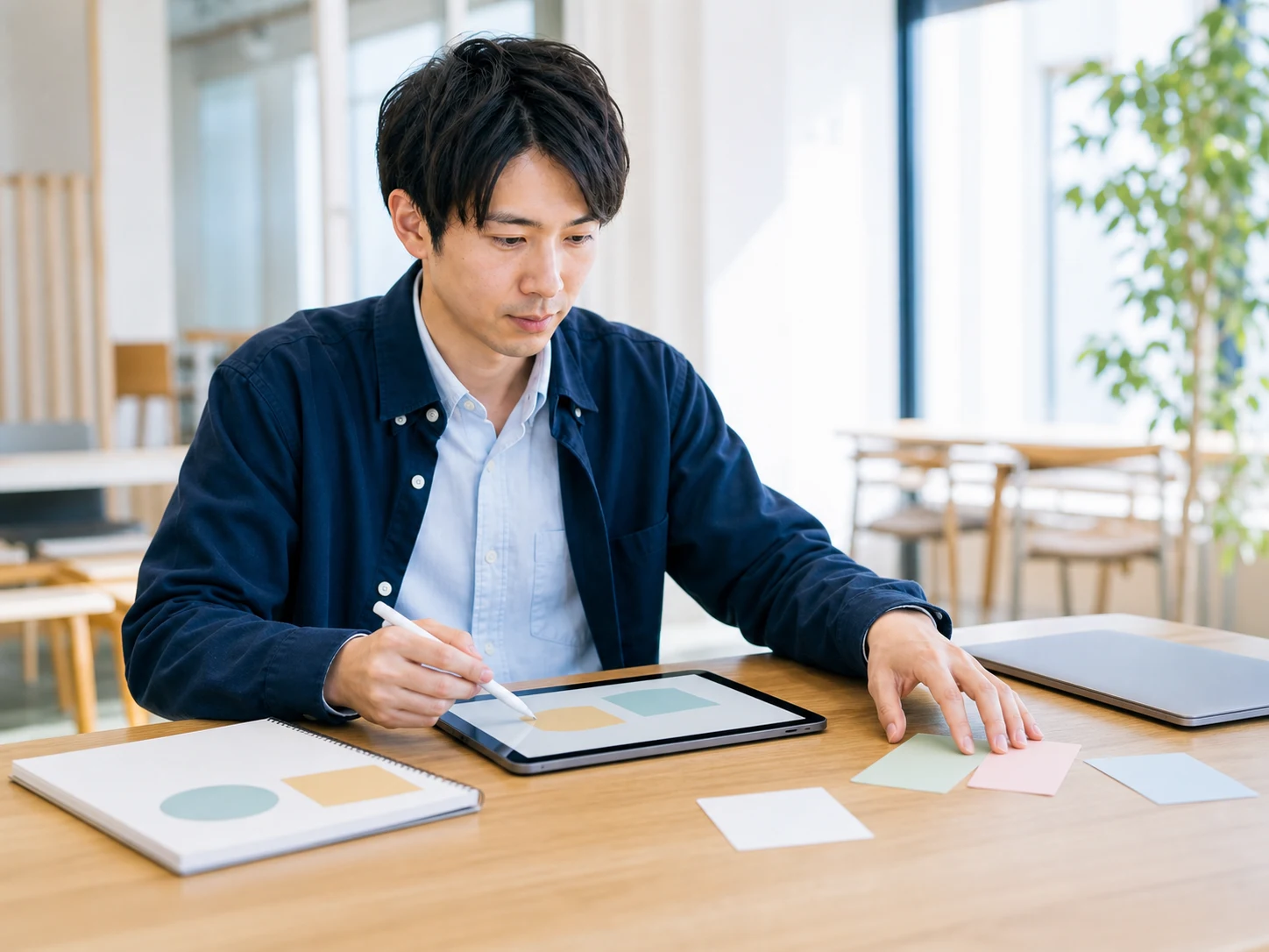 明るいワークスペースでタブレットとカードを使い、企画を整理する若い日本人男性