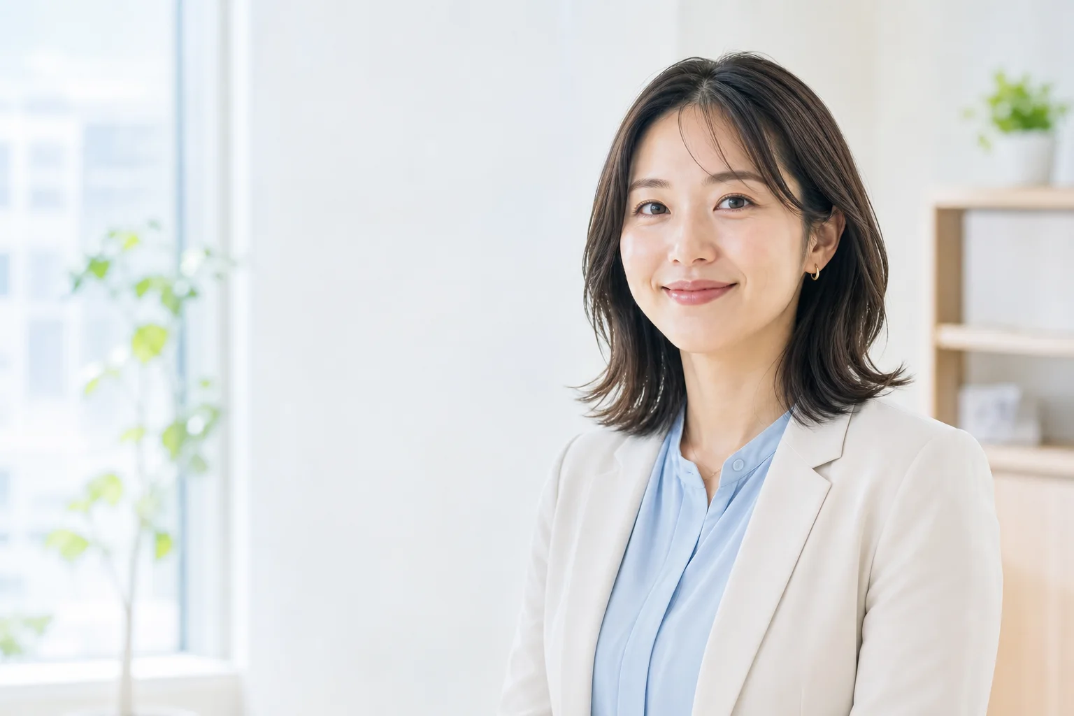 明るいオフィスで仕事へのAI活用を考える女性ビジネスパーソン