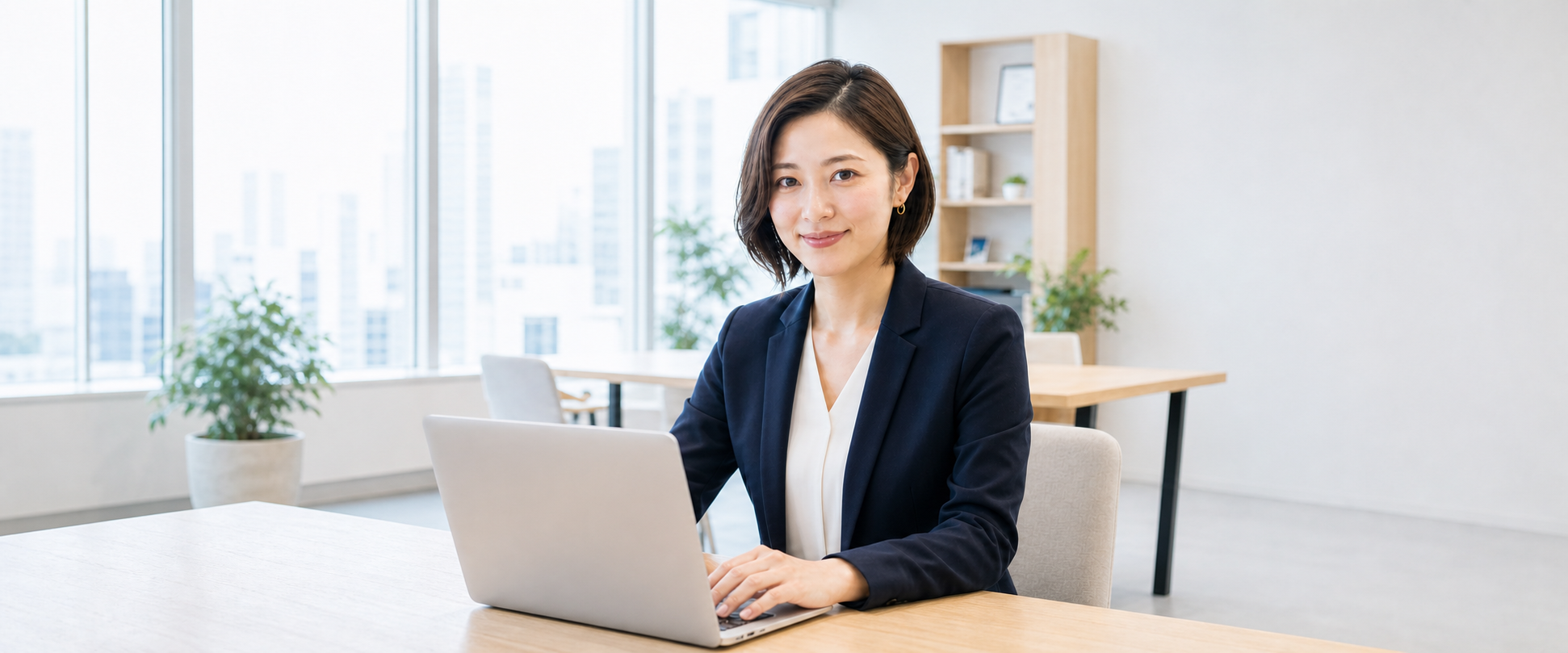 明るいオフィスでノートPCに向かうネイビーのジャケット姿の女性ビジネスパーソン。テキストの左側に人物が収まる横長構図