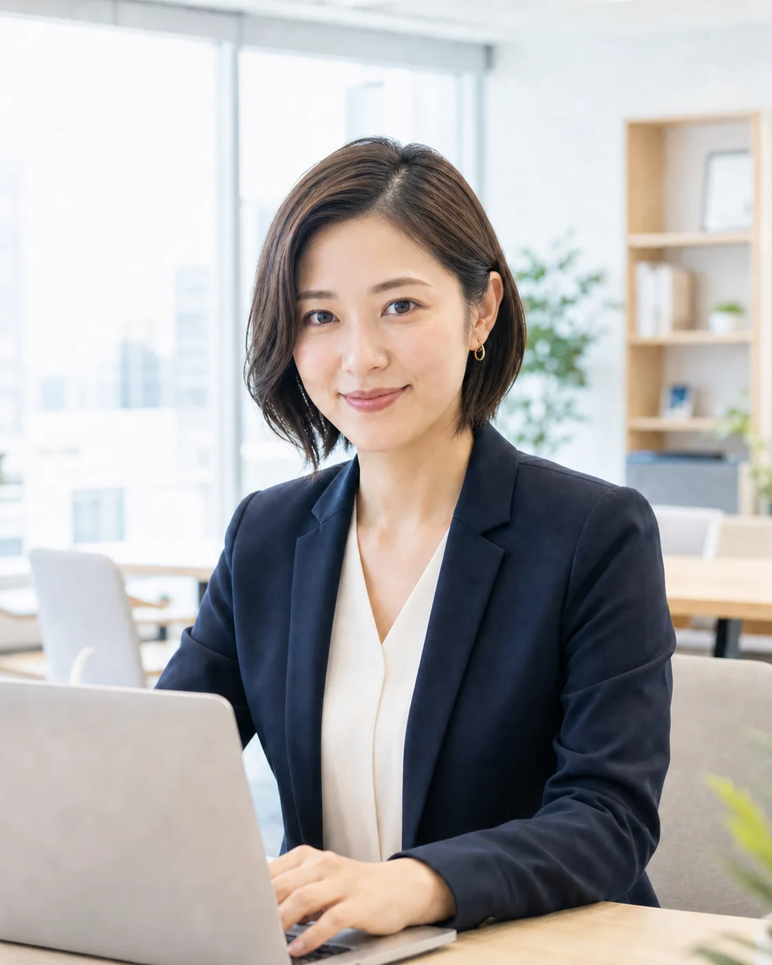 明るい自然光のオフィスでノートPCを操作するネイビーのジャケット姿の女性ビジネスパーソン