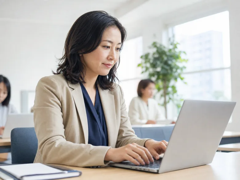 明るいセミナールームでノートPCに向かう30代の日本人女性参加者のイメージ