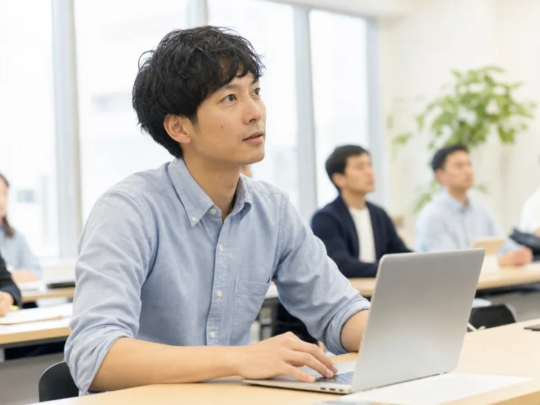 明るいセミナールームで講師を見る30代の日本人男性参加者のイメージ