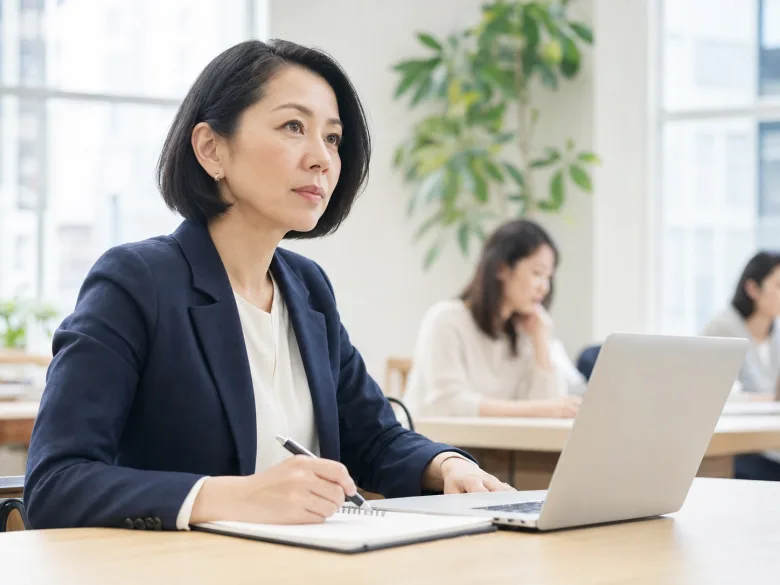 明るいセミナールームでメモを取る40代の日本人女性参加者のイメージ
