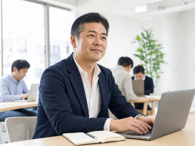 明るいセミナールームでノートPCを操作する40代の日本人男性参加者のイメージ