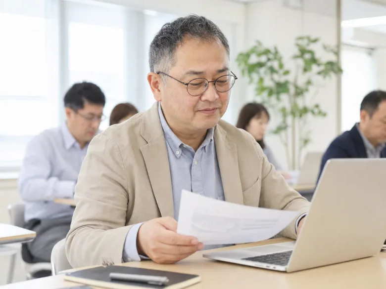 明るいセミナールームで資料に目を通す50代の日本人男性参加者のイメージ