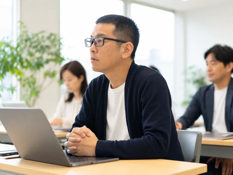 明るいセミナールームで講師の説明を聞く40代の日本人男性参加者のイメージ