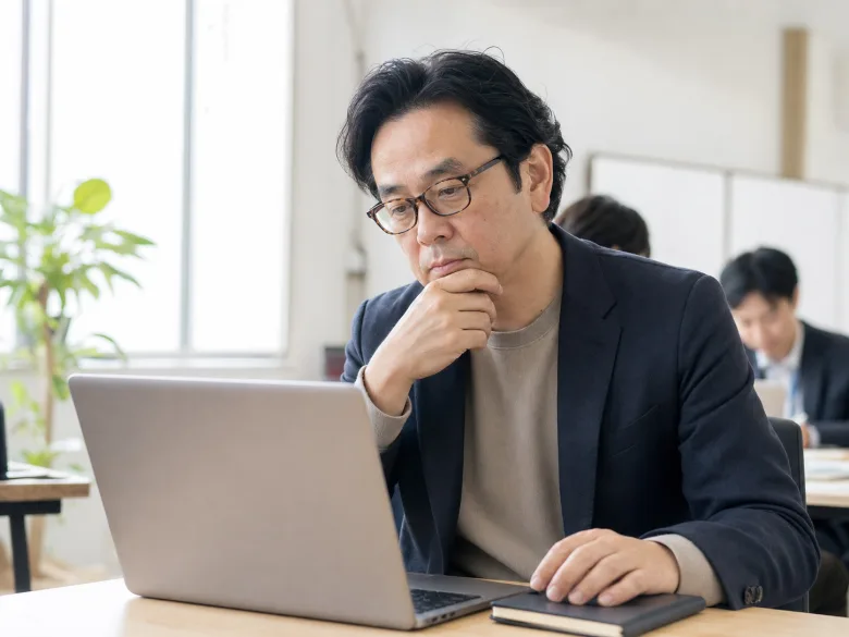 明るいセミナールームで画面を見ながら考える40代の日本人男性参加者のイメージ