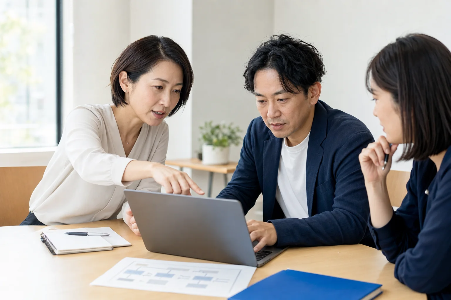 業務責任者とAI実装担当者が、ノートPCを見ながら業務フローを共同実装する様子