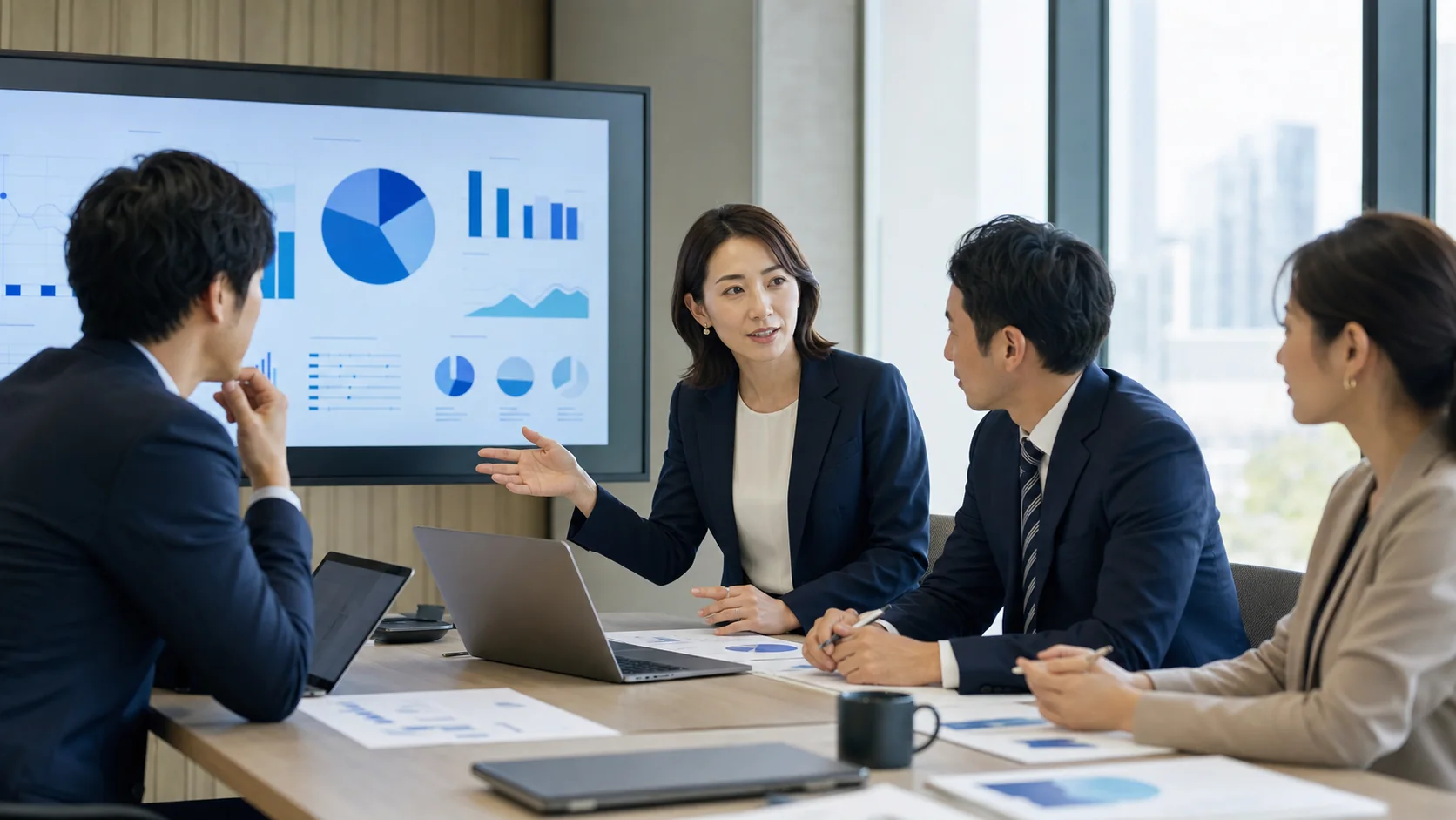 チームが診断結果を見ながら、効率化する業務の優先順位と成果指標を検討する様子
