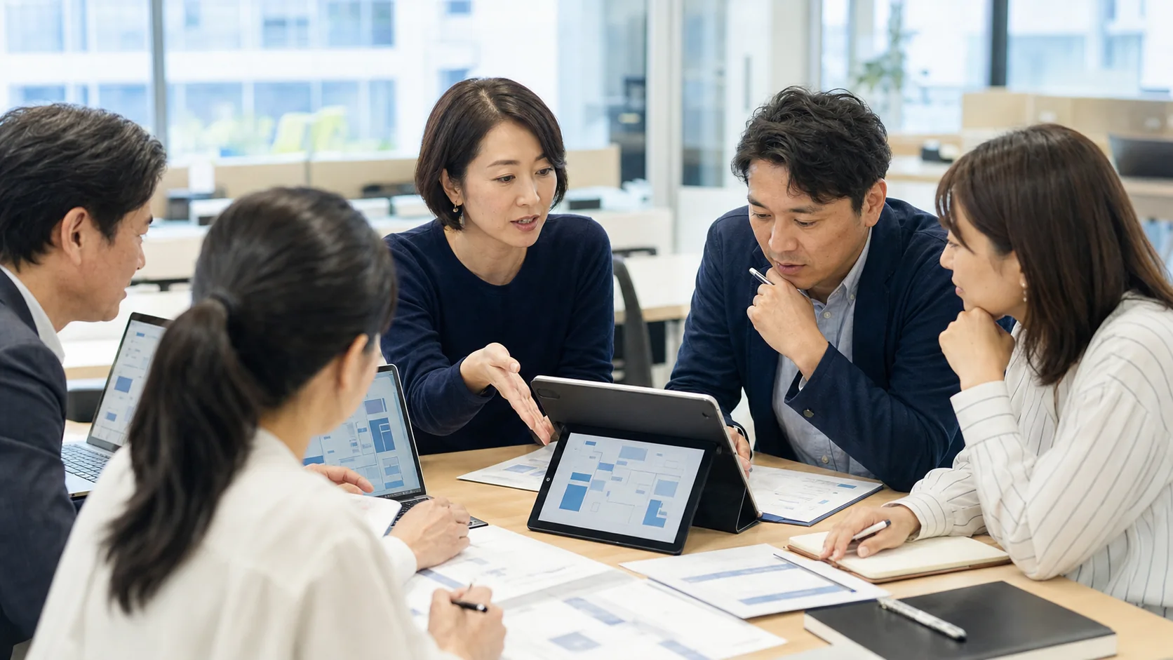 社内AI推進者が同僚へ手順と判断基準を共有し、運用を引き継ぐ様子